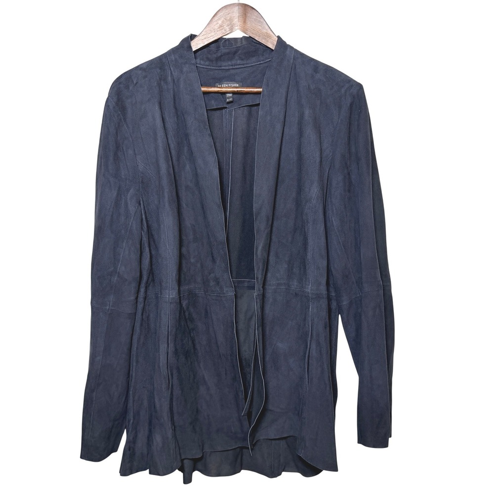 Eileen Fisher Navy Blue Goat Suede Open Front Draped Jacket XL F17UCW - Picture 2 of 8